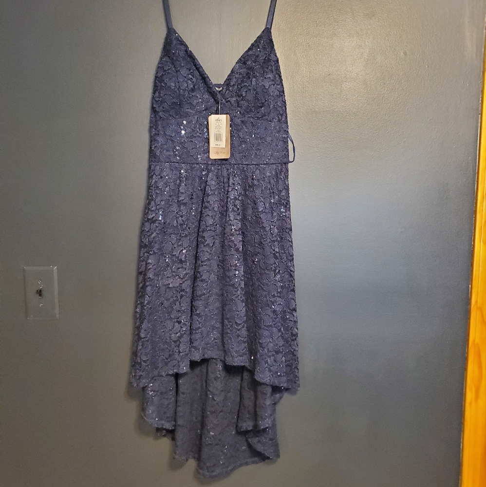 High-low navy sequin cocktail dress